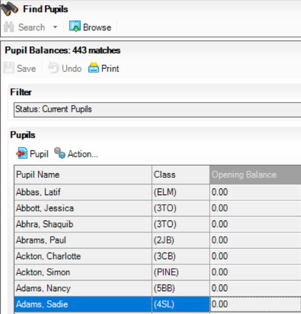 Dinner Money Opening Balances