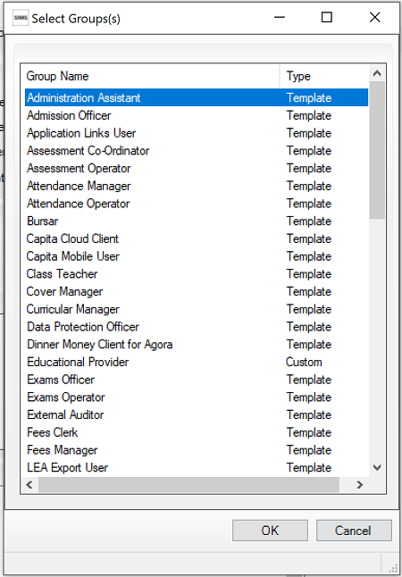 SIMS 7 - System Manager = Permission Group Select