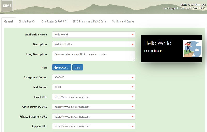 Enter the details of the new app